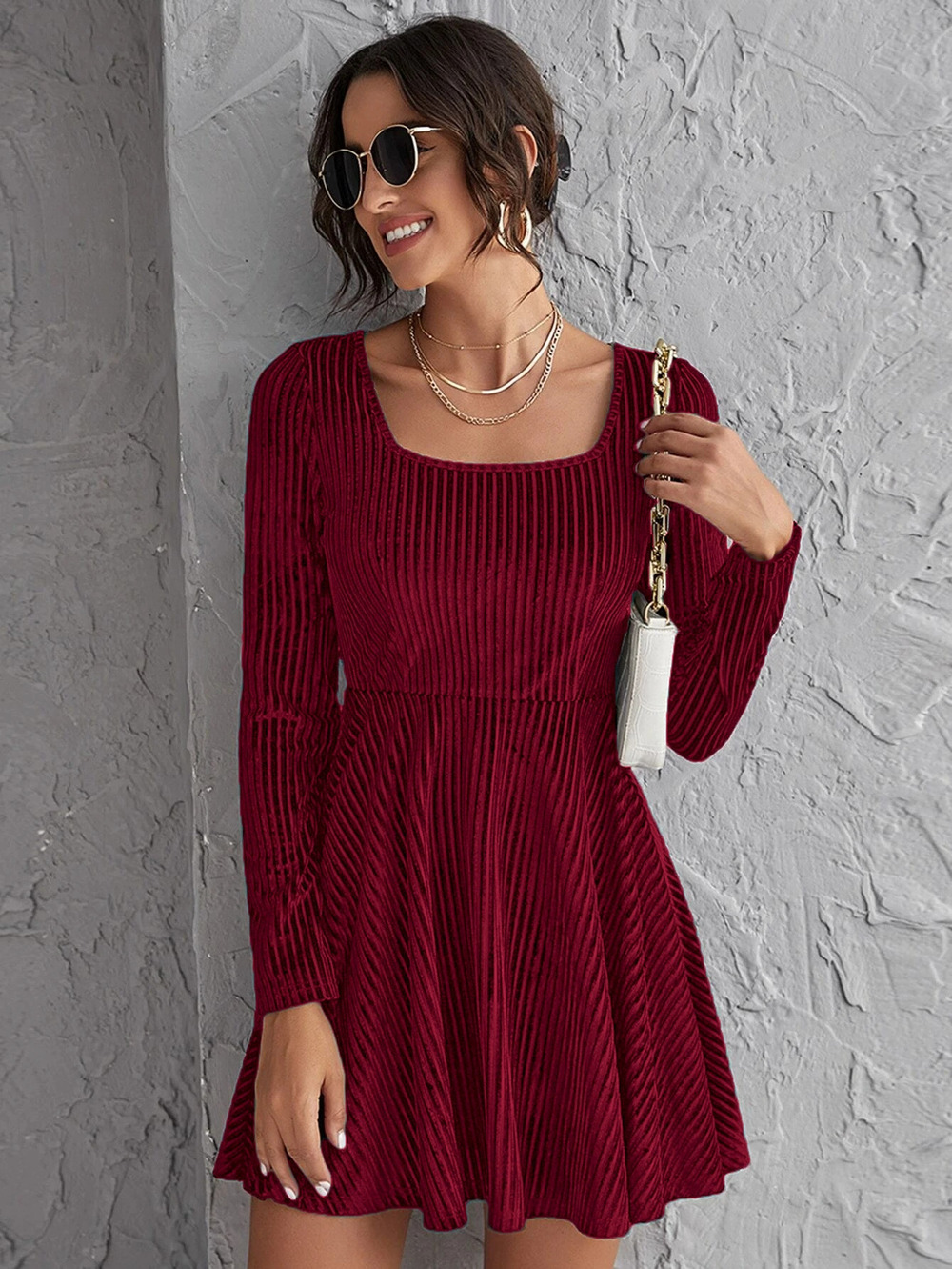 ZARA Autumn Winter Elegant Velvet Party Dress Long Sleeve Waist Flared